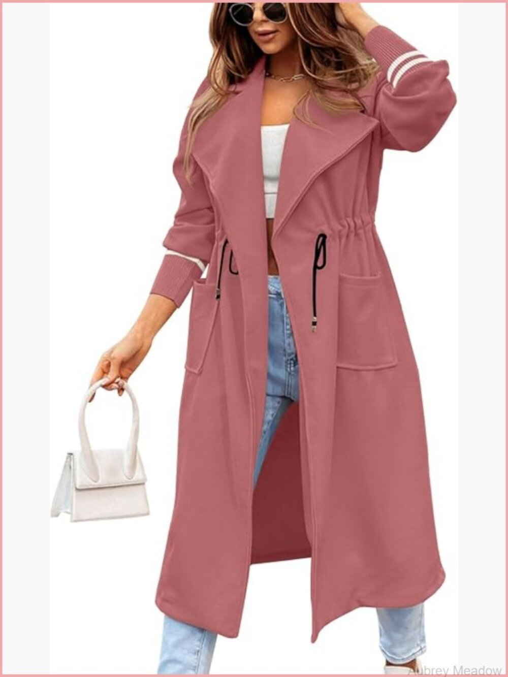 Casual Drawstring Waist Open Front Classic Lapel Overcoat - Picture 1 of 5